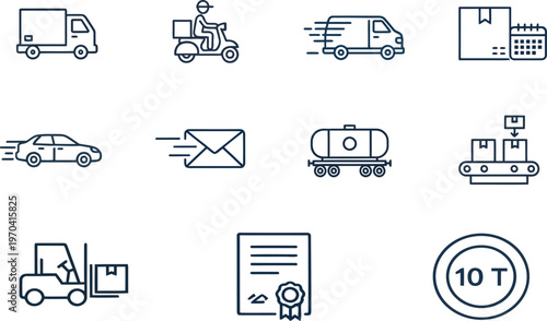 Logistics and transportation icons set delivery vehicles packages and shipping symbols