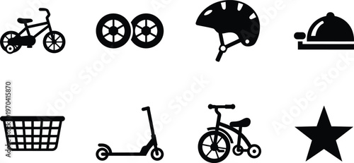 Black and white icon set featuring cycling and recreational equipment