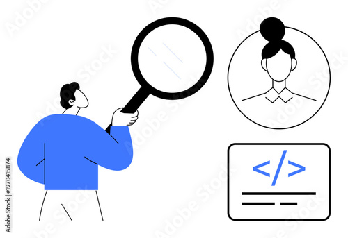 User authentication, digital identity, cybersecurity, recruitment, data analysis, technological navigation. Individual examining profile and code. User authentication and digital identity concept