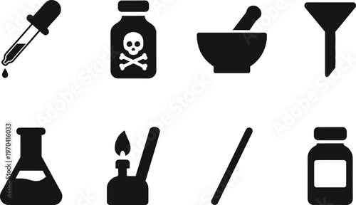 Vintage poison and alchemy tools a collection of black silhouette icons