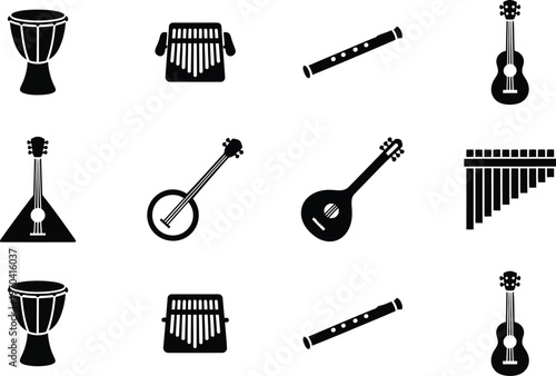Collection of diverse musical instruments a black silhouette icon set