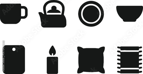 Black silhouette icons of household objects teaware candle and more