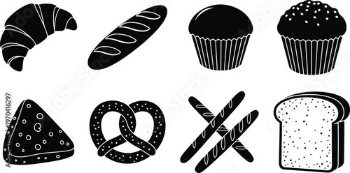 Variety of baked goods illustration croissants bread cupcakes pretzels and more