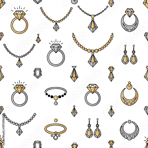 Seamless Pattern of Elegant Diamond Jewelry and Gemstone Accessories.
