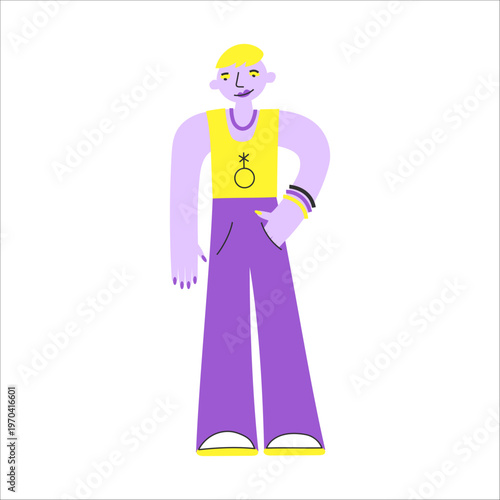 Modern androgynous nonbinary person with enby flag colors in minimal flat style. Individuality, self-expression, confidence and acceptance concept. LGBT pride, diversity, inclusion.
