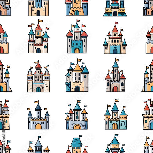 Seamless Pattern of Diverse Cartoon Castles and Fortresses.