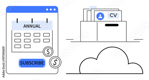 Subscription concept. Annual subscription with financial icons and cloud storage for digital resumes. Subscription tools for document management and online accessibility. Great for business, cloud