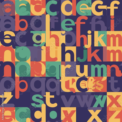 Alphabet letters in various colors and sizes forming a pattern.