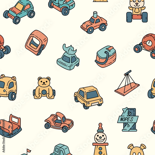 Collection of various cartoon toys in a seamless pattern.