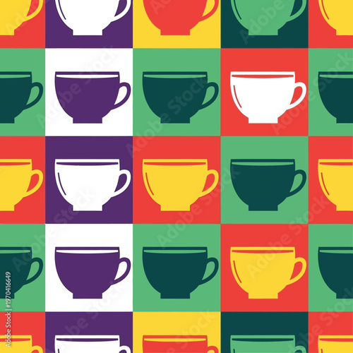Colorful Coffee Cups Pattern Seamless Repeating Design.