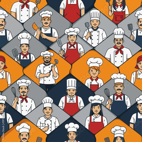 Diverse group of chefs in uniform with hats and aprons.