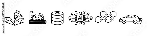 Set of Industry 4.0 and Smart Technology Icons for Automation, AI, Robotics, Blockchain, and Green Energy