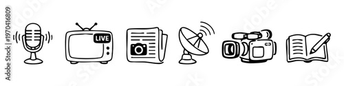 Set of hand-drawn journalism and media icons including microphone, television, newspaper, satellite dish, video camera and notebook with pen
