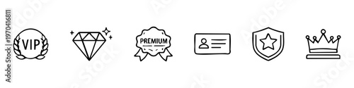 Set of hand-drawn premium and VIP icons. Includes diamond, crown, shield, and badge illustrations for membership and loyalty programs.