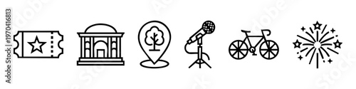Set of event and travel line icons including ticket, museum, park location, microphone, bicycle and fireworks. Vector symbols for tourism, entertainment, and leisure activities.