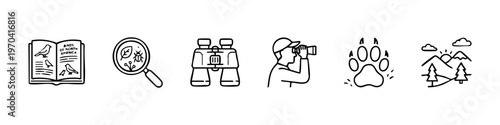 Nature Exploration and Wildlife Watching Icons Set Featuring Birding Guide, Binoculars, Magnifying Glass, Animal Track, and Mountain Landscape