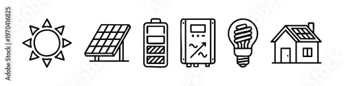 Set of Solar Energy and Renewable Power Icons: Sun, Solar Panel, Battery Storage, Inverter, Energy Efficient Light Bulb, and Eco House Line Art