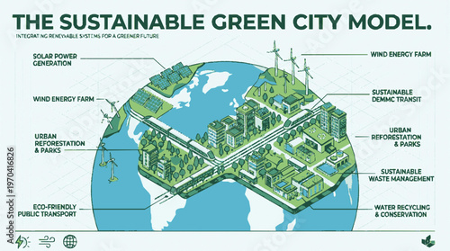 Sustainable green city model illustration showcasing urban water recycling renewable energy farms and eco friendly transportation systems