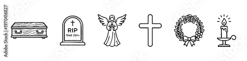 Funeral and Memorial Line Art Icon Set Featuring Coffin, Tombstone, Angel, Cross, Wreath, and Candle Symbols