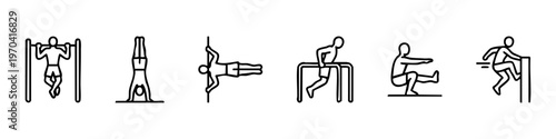 Calisthenics and Bodyweight Training Outline Icons Set Featuring Pull-ups, Handstands, Human Flag, Dips, Pistol Squats, and Parkour Exercises