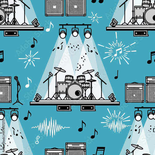 Live Music Stage Setup with Drum Kit and Amplifiers.