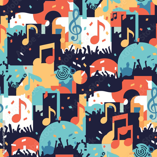 Vibrant Music Festival Crowd Silhouette with Notes.