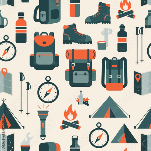 Outdoor Adventure Camping Hiking Gear Collection Seamless Pattern.
