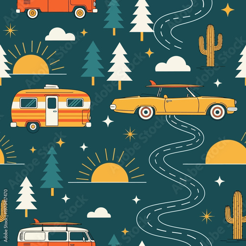 Retro Camper Van and Convertible Car Road Trip Adventure.