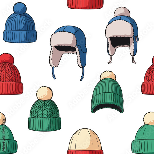 Collection of Warm Winter Hats with Pom-Poms.