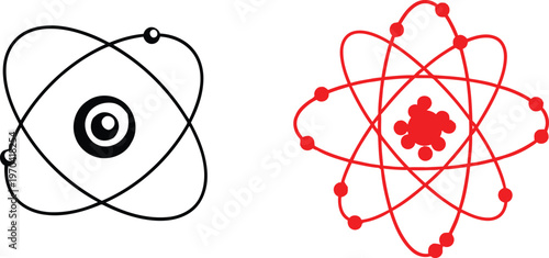 A comparison between a simple black and white atom model and a complex red atomic structure. Vector
