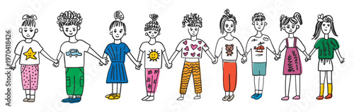 Kids holding hands hand drawn illustration