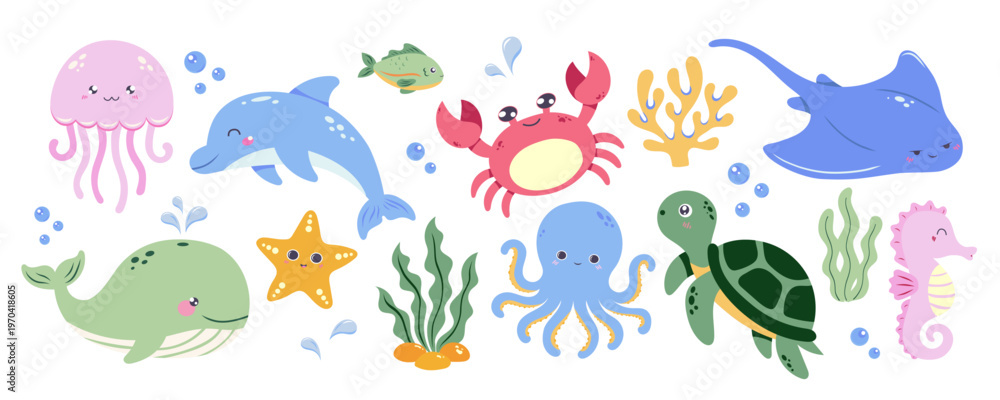 Fototapeta premium Cute ocean animals clipart set with dolphin, whale, jellyfish, octopus, crab, turtle, stingray, seahorse, starfish and sea plants. Bright friendly style and soft color palette. Sea vector set for kids