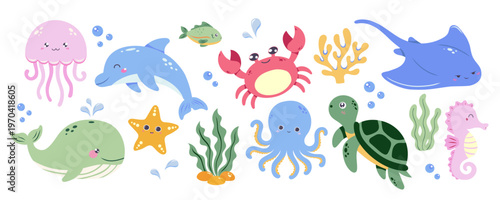 Photography Cute ocean animals clipart set with dolphin, whale, jellyfish, octopus, crab, turtle, stingray, seahorse, starfish and sea plants