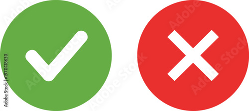 A green checkmark icon and a red cross icon representing approval and rejection on white background Vector