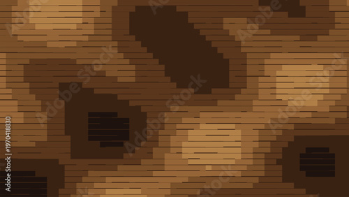 Wood texture abstract background, a seamless geometric pattern featuring horizontal pixelated brown strips and varying shades of natural earthy tones, perfect for modern digital wallpaper,