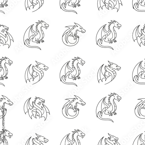 Seamless Pattern of Mythical Dragon Illustrations.