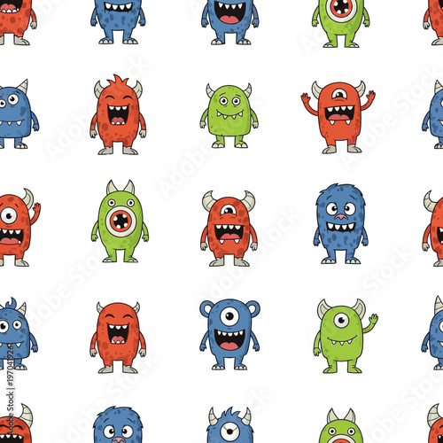 Seamless Pattern of Cute Cartoon Monsters in Various Colors.