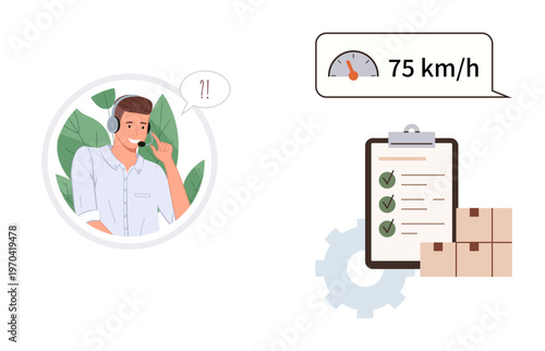 Logistics, delivery speed, customer support, package tracking, operational workflow, inventory management. Man with headset, checklist boxes speed meter. Logistics and delivery speed concept