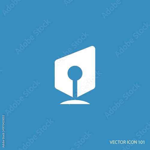Modern abstract white pen nib icon on blue background.