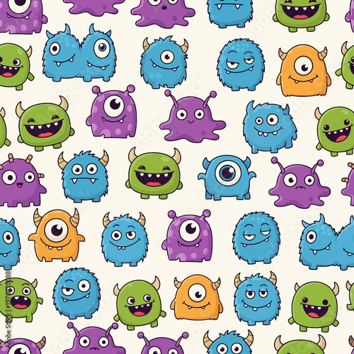 Cute Cartoon Monsters Pattern Seamless Design.