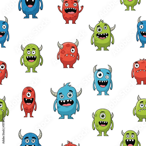 Cute Cartoon Monsters Pattern Seamless Fun Characters.