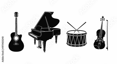 Musical Instruments Guitar Piano Drum Violin Black and White Vector Icons Isolated on White Background