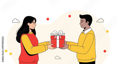 Young man giving red gift box to woman during special celebration flat vector concept art