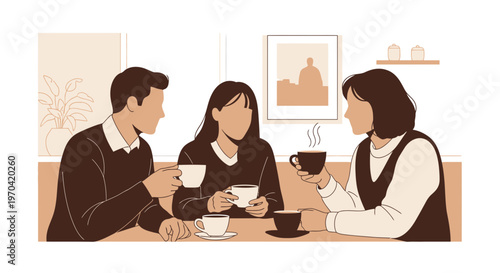Three people drinking coffee and conversing in a cafe or restaurant setting