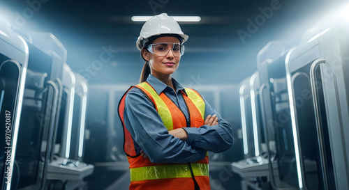 A woman wearing a safety vest and hard hat