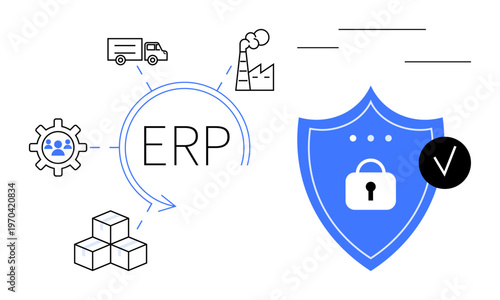 ERP system. ERP software managing supply chain processes, logistics, and operations with a focus on data security. ERP boosting productivity and cybersecurity. For business, automation, logistics