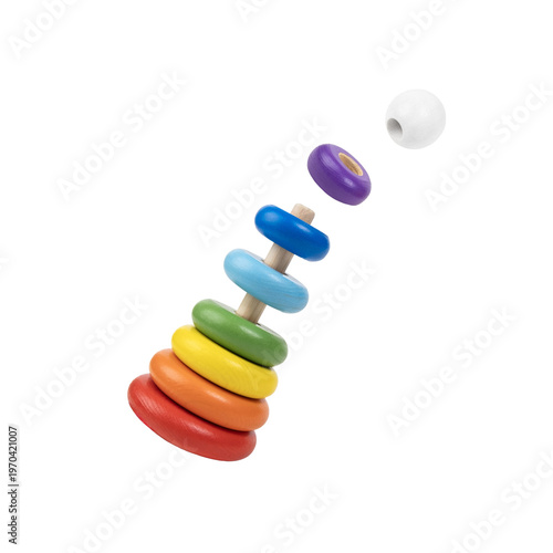Stacked Colorful Wooden Rings in Motion, Isolate on a white background