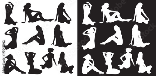Silhouettes of fashionable women dancing and posing in active and expressive styles