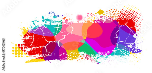 Colored paint blobs with cracks, dots and halftone. Hand drawn. Not AI, vector illustration.