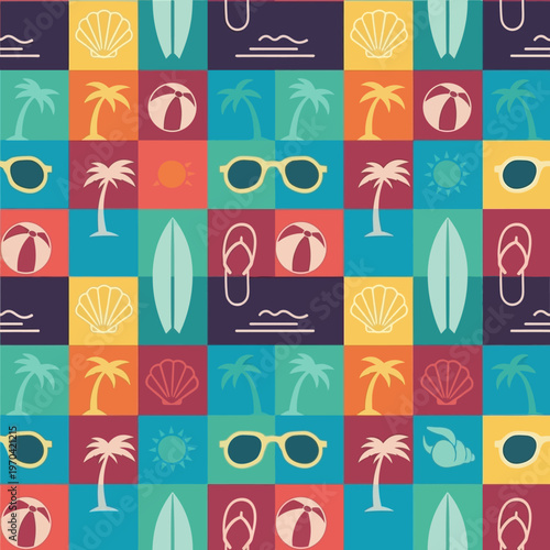 Colorful Summer Beach Vacation Icons Pattern.